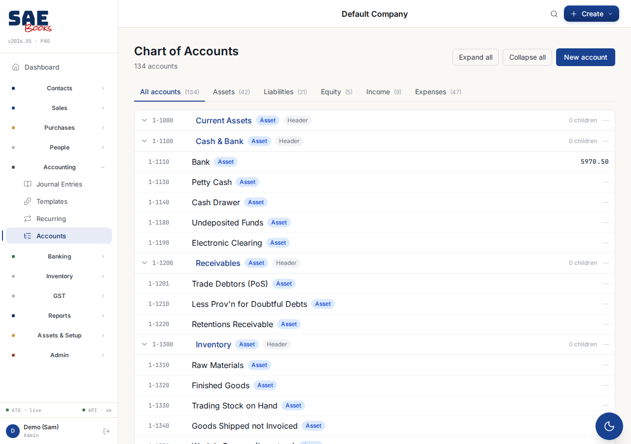 Tasur chart of accounts — the AU standard, by account type