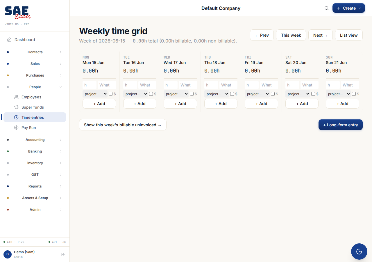 Tasur weekly time grid — log billable hours by day and project